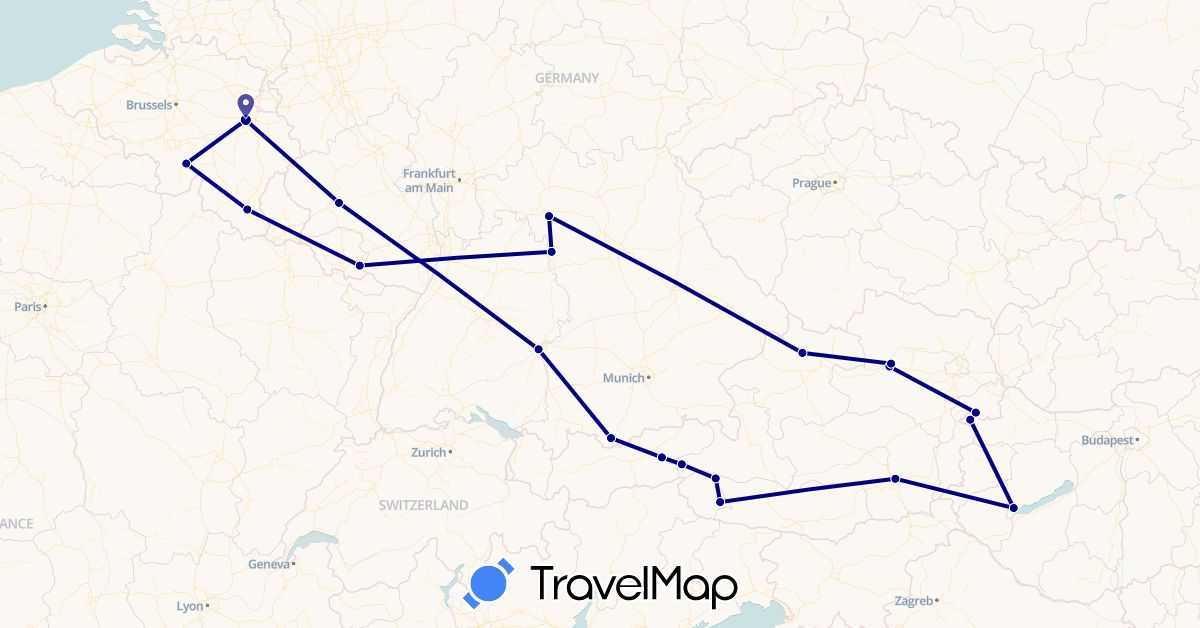 TravelMap itinerary: driving in Austria, Belgium, Germany, Hungary (Europe)